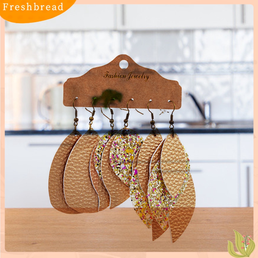 < Freshbread > 3pasang Anting Daun Shuning Juntai Bahan Kulit Imitasi Wanita Eardrops Untuk Pernikahan