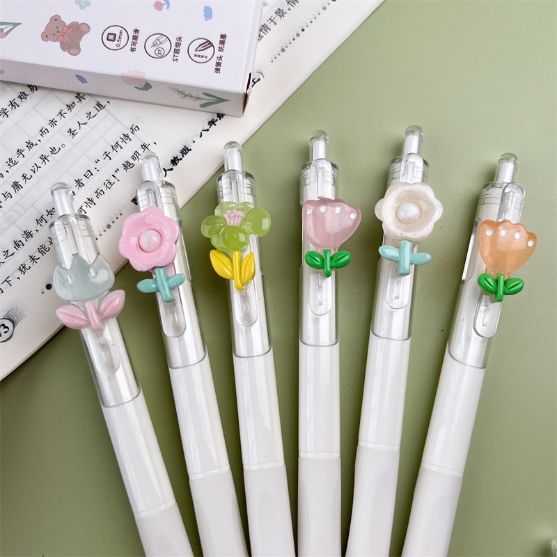 Hitam Refill Test Tulisan Pen Portable Student Signature Pen Dengan Pen Holder INS Wind Cute Flower Push Neutral Pen