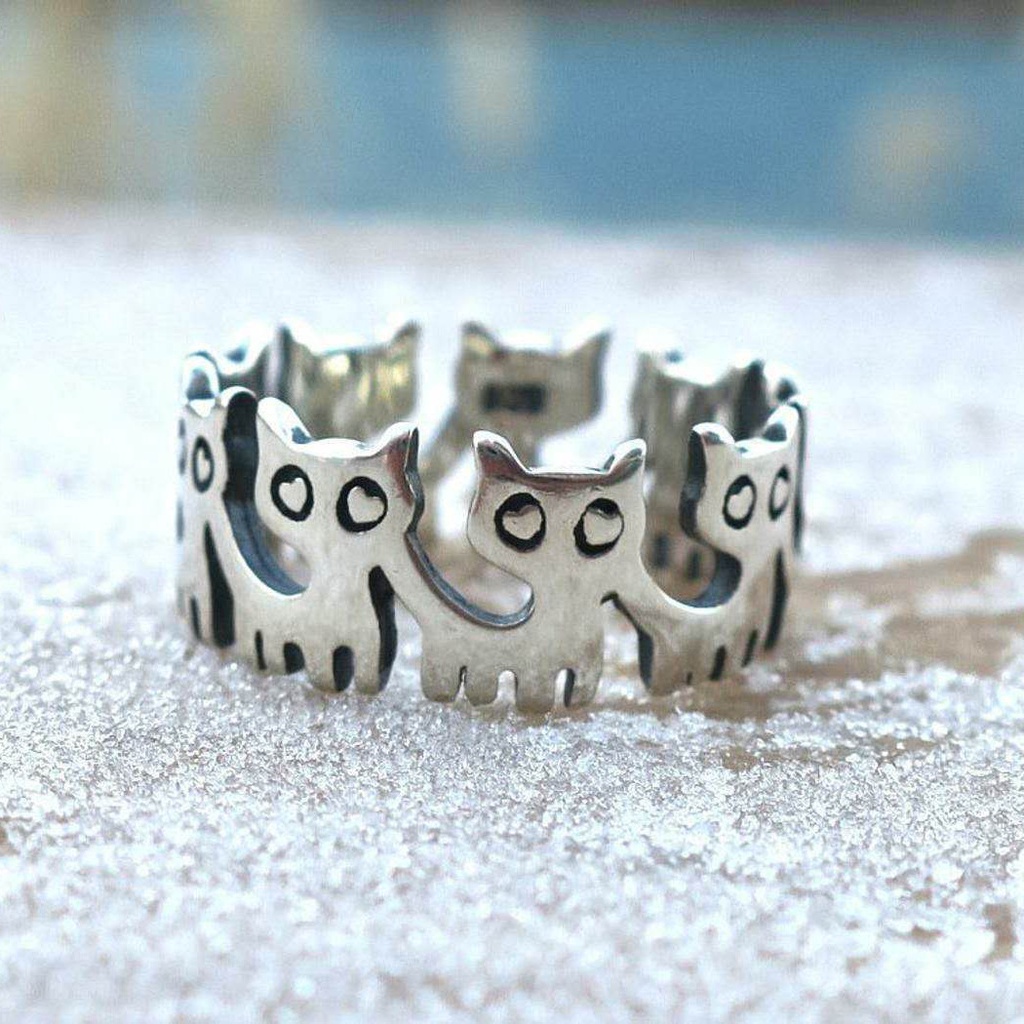 Goldkingdom Aksesoris Perhiasan Fashion Ready Stock Pet Kitty Cincin Vintage Thai Perak Disepuh Hitam Lucu Kucing Cincin Perempuan