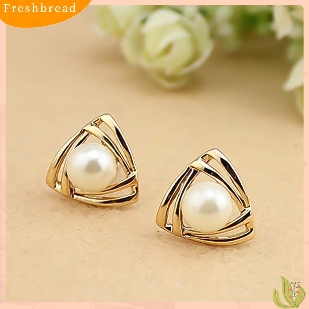 {In Stock} Wanita Mutiara Imitasi Hias Double Segitiga Crossover Ear Stud Earrings Perhiasan Hadiah