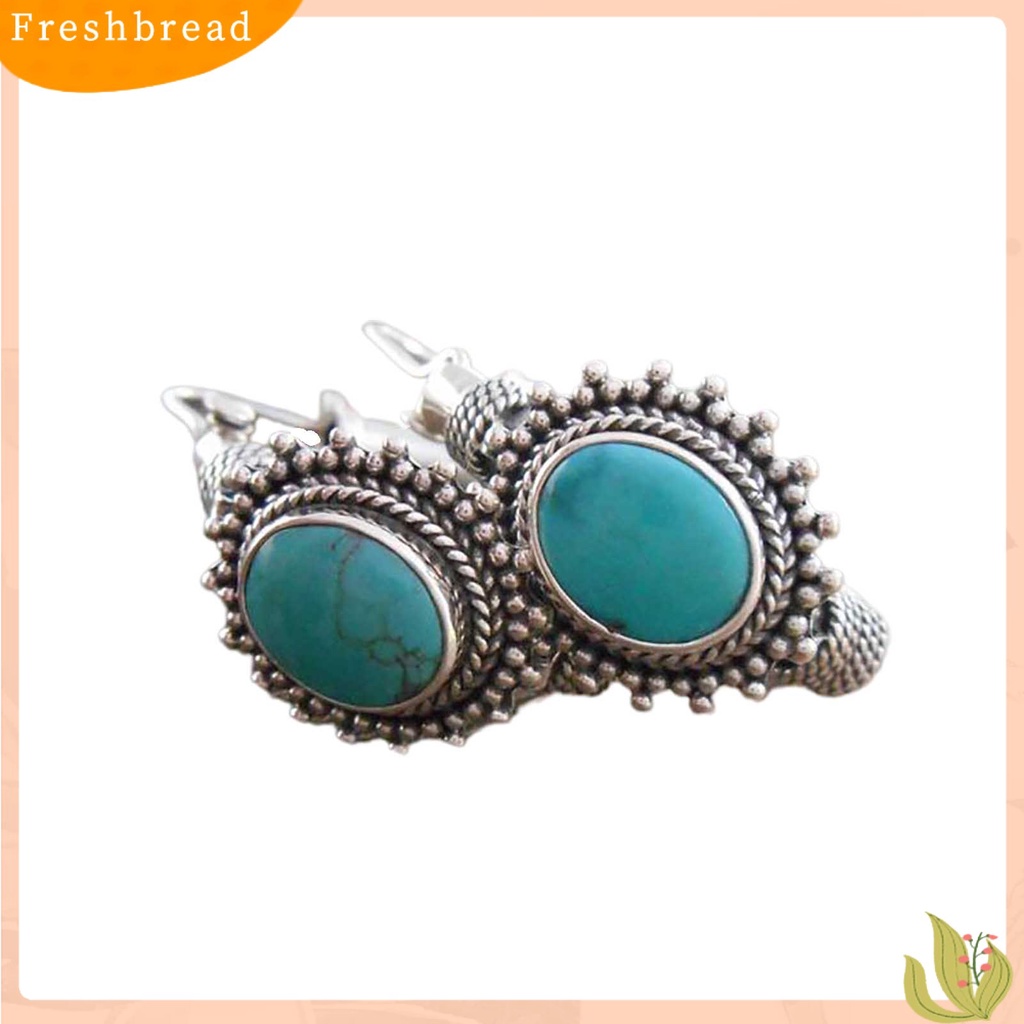 {In Stock} 1pasang Anting Hoop Tindik Oval Ukir Unik Biru Turquoise Bohemia Retro Earrings Aksesoris Perhiasan