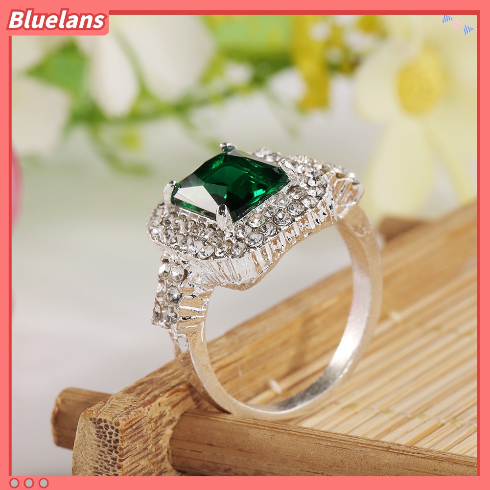 {In Stock} Wanita Zirkon Hijau Perak Disepuh Cincin Fashion Pernikahan Bague Perhiasan Hadiah