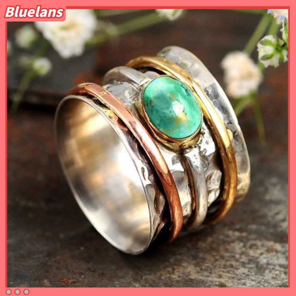 {In Stock} Cincin Pria Bohemian Vintage Hias Turquoises Tiga Warna Finger Ring Untuk Pacaran