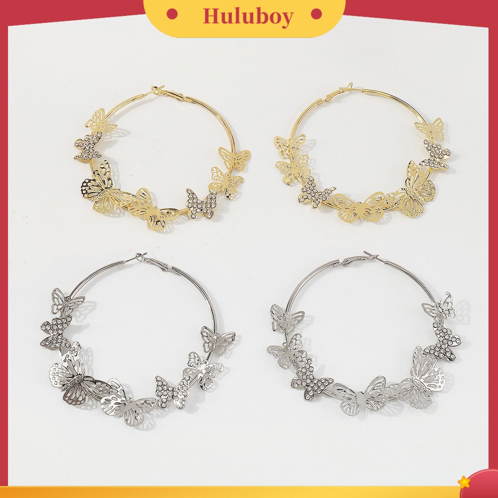 {Ready Stock} 1pasang Anting Hoop Vintage Geometris Berlebihan Berlian Imitasi Mengkilap Hias Dekorasi Hadiah 3D Berongga Keluar Kupu-Kupu Wanita Anting Lingkaran Untuk Perjamuan