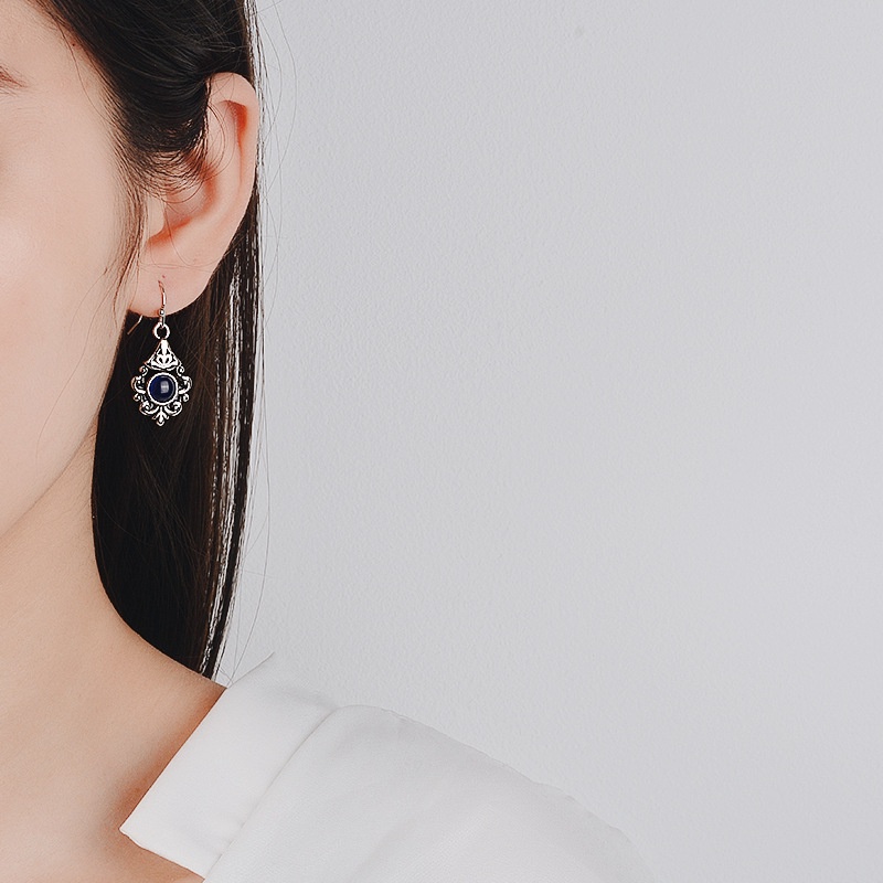 Goldkingdom Aksesoris Perhiasan Fashion Ready Stock Bertatahkan Safir Anting Bunga Vintage Berlapis Thai Silver Anting Hitam