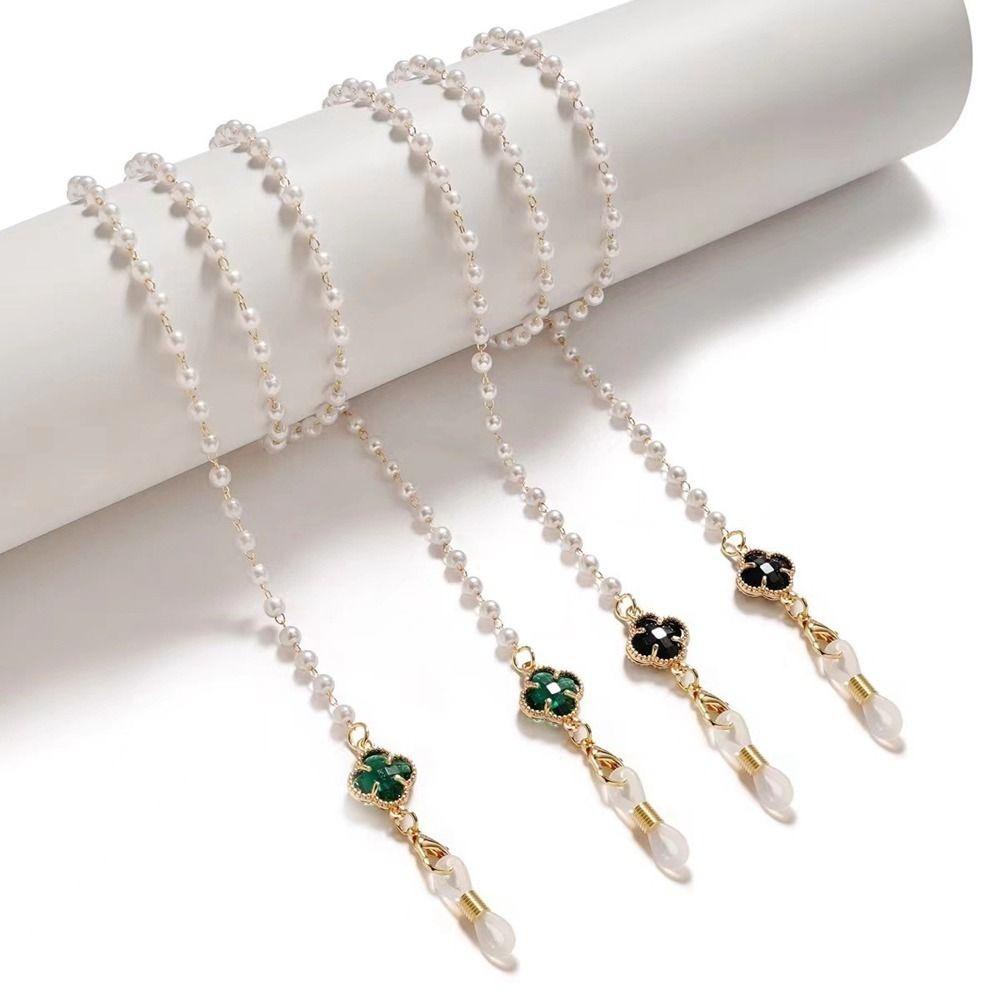 Mxbeauty Rantai Kacamata Logam Anti-lost Fashion Rantai Gantung Mutiara Empat Daun Semanggi Tontonan Cord Masker Lanyard Warna-Warni Berlian Imitasi Kristal Manik-Manik Kacamata Rantai
