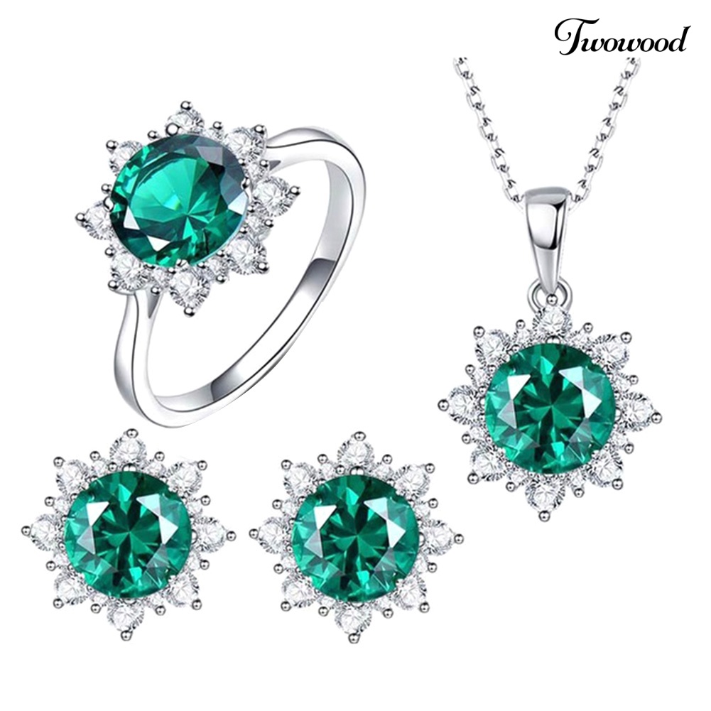 Twowood Wanita Cubic Zirconia Snowflake Pendant Kalung Stud Anting Cincin Set Perhiasan