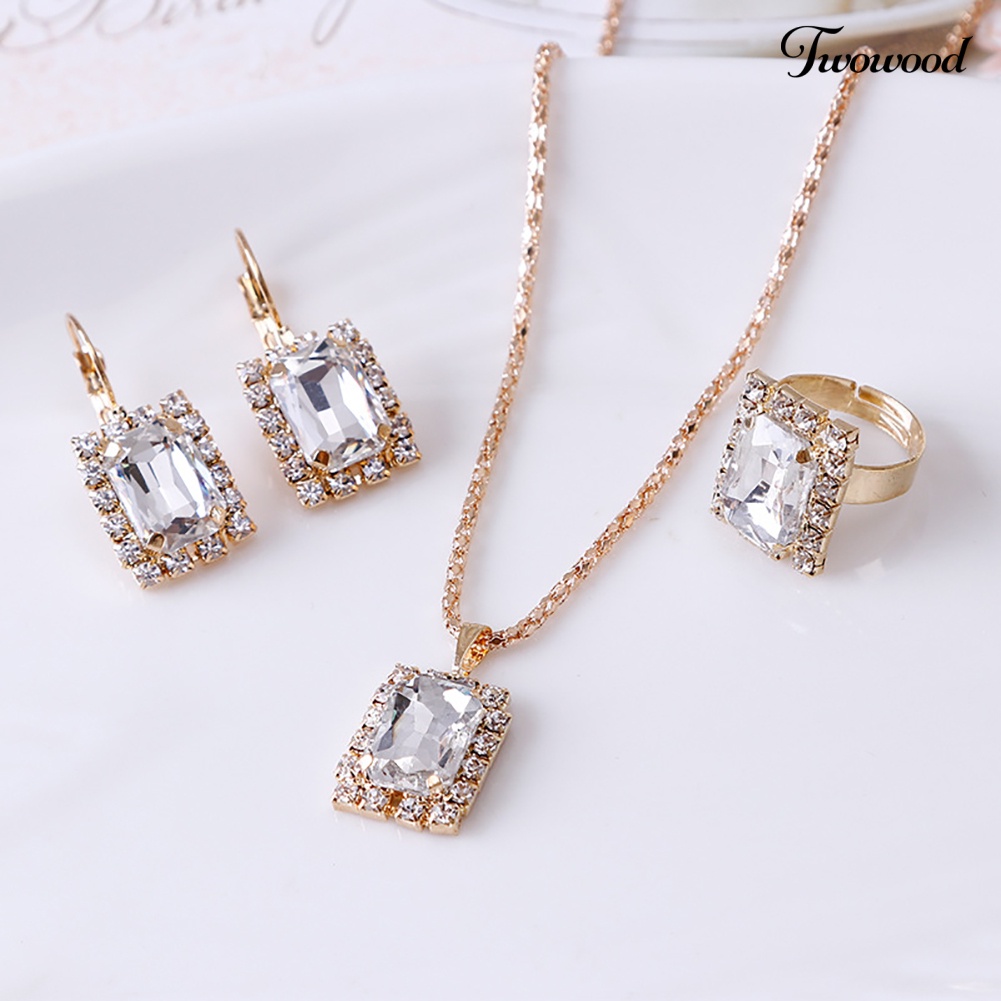 Twowood Fashion Set Perhiasan Wanita Perjamuan Pesta Pernikahan Kalung Anting Cincin Jari