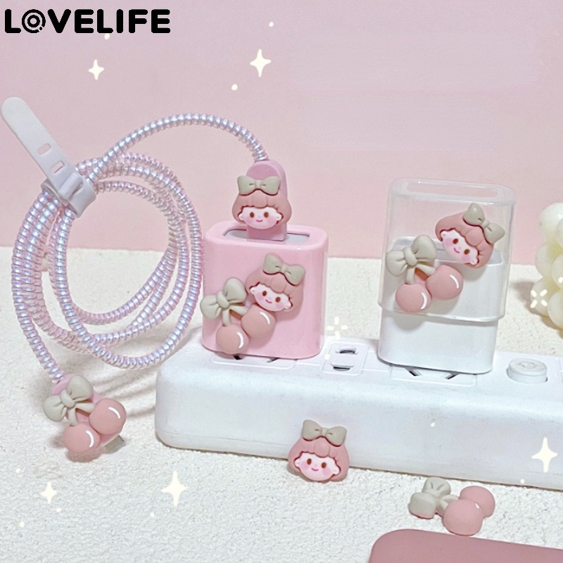 IPHONE [Unggulan] Penggulung Kabel Anti Jebol Silikon Charger Penutup Pelindung Kabel Tahan Debu Casing Spiral Kartun Gadis Pelindung Garis Ceri Kompatibel Dengan Charger Iphone5 /18 /20W