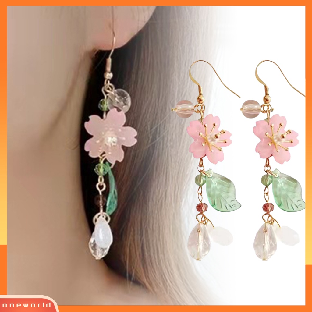 [OWR] 1pasang Ladies Earrings Unik Chic Semua Pertandingan Panjang Elegan Hias Logam Bunga Sakura Menjuntai Anting Hadiah