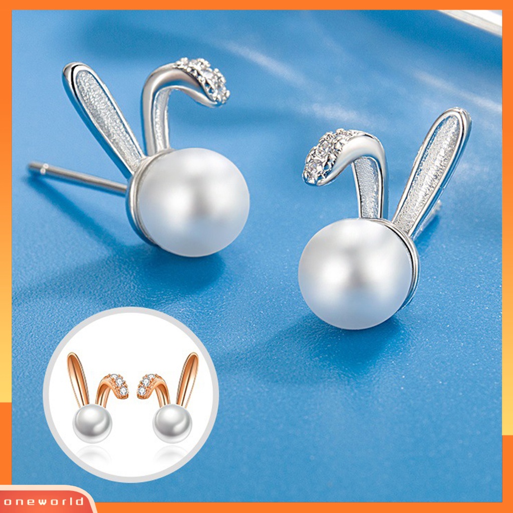 [ONE] 1pasang Ear Studs Geometric Charming Shining Piercing Tanpa Sakit Memakai Dekorasi Hypoallergenic Kelinci Mutiara Imitasi Anting Perhiasan Aksesori