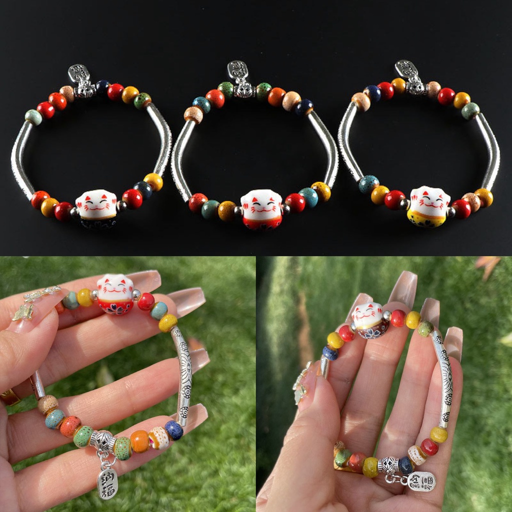 Lucky Cat Stone Beads Bracelet Bangles Sederhana Manis Gelang Keramik Untuk Wanita Gadis Hadiah Ulang Tahun Perempuan Pesona Perhiasan