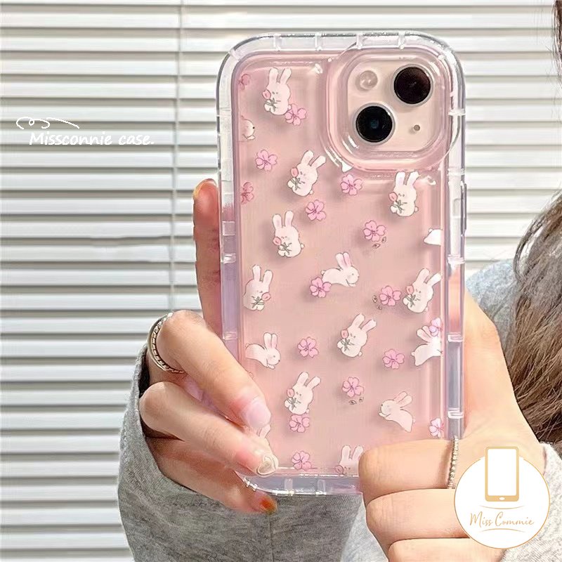 IPHONE Kartun Kelinci Lucu Case Kompatibel Untuk Iphone11 14 13 12 Pro MAX 7Plus 8Plus XR 6 6S Plus X XS MAX Ins Fresh Flower Airbag Shockproof Transparan Lembut Tpu Kawaii Phone Shell