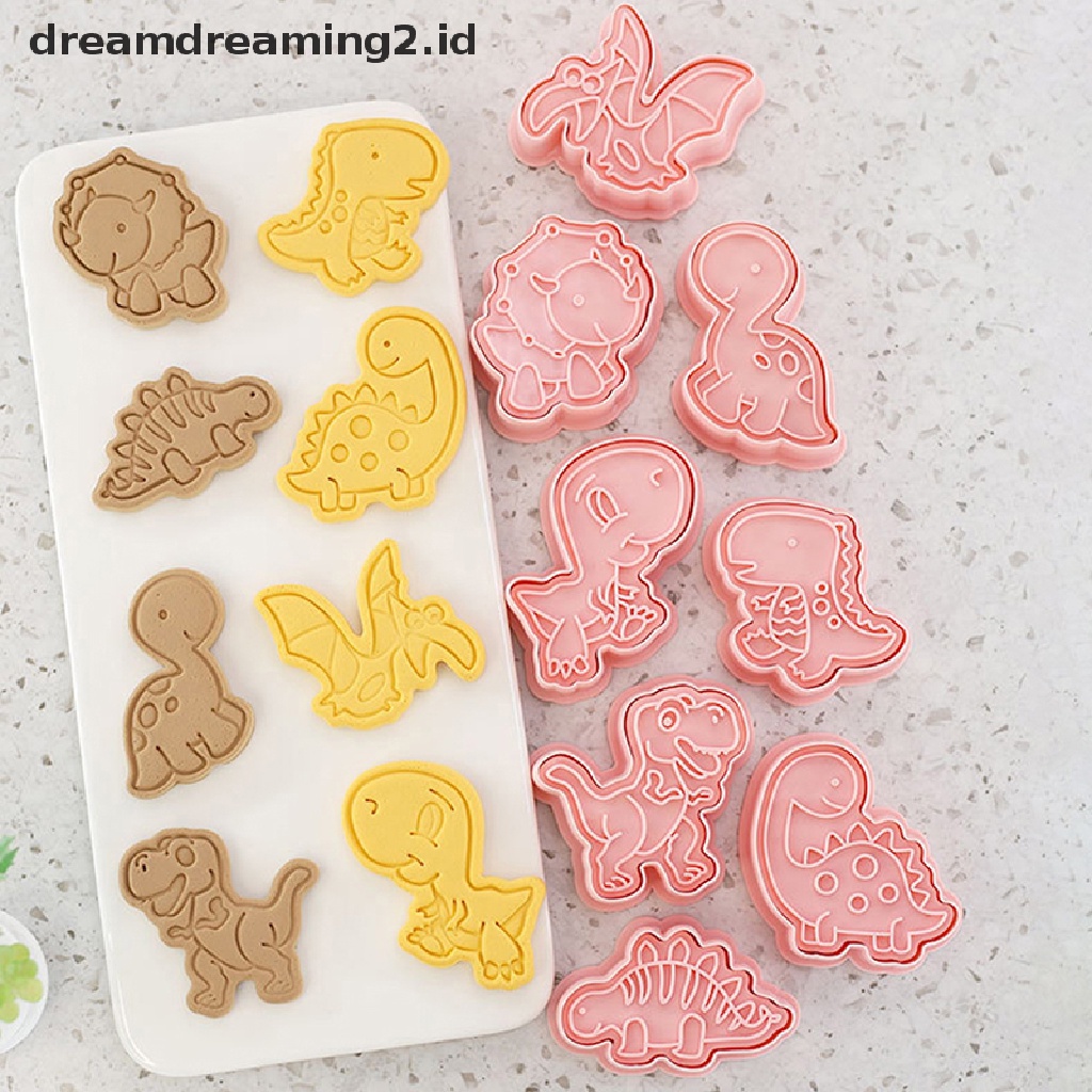 (hot) 8pcs/set Kartun Dinosaurus Cookie Pemotong 3D Plastik Pressable Biskuit Cetakan Cookie Stamp Dapur Baking Pastry Bakeware Alat Perlengkapan Baking DIY//