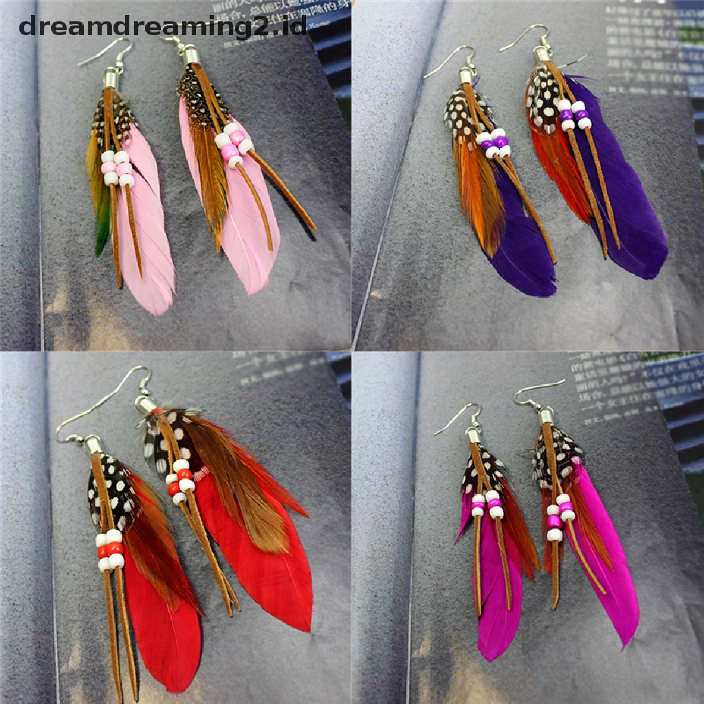 (hot) Fashion Rumbai Menjuntai Anting Bulu Manik Kulit Anting India Bulu//