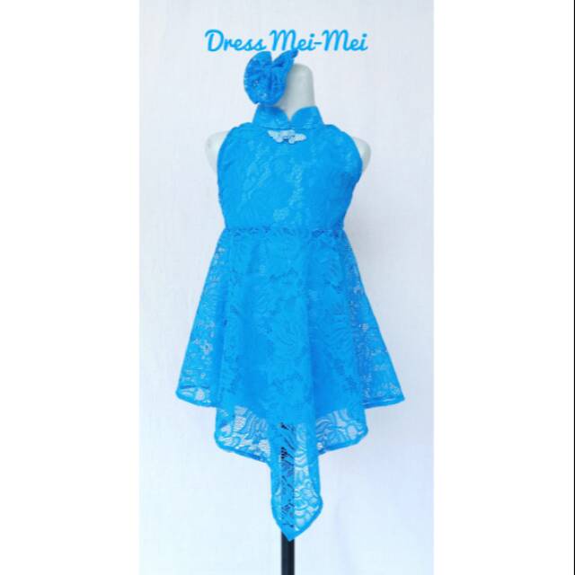 DRESS ANAK MEI MEI bahan BROKAT+ FURING ERRO warna. BIRU TURKIS