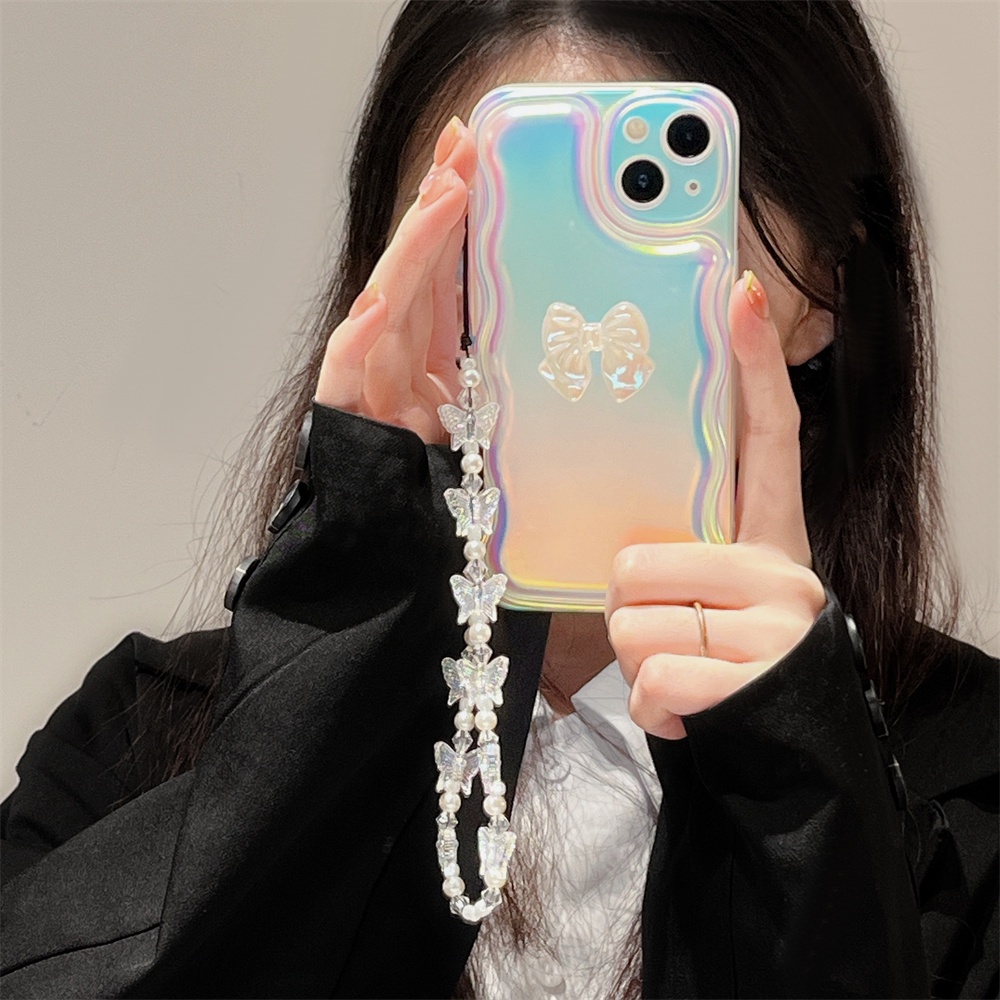 IPHONE Butterfly 3D Bow White Wavy Love Bracelet Phone Case Untuk Iphone14 12 13 Xsmax 11 Promax Electroplating Laser Soft Shell TPU Pelindung Bantal Udara Cover