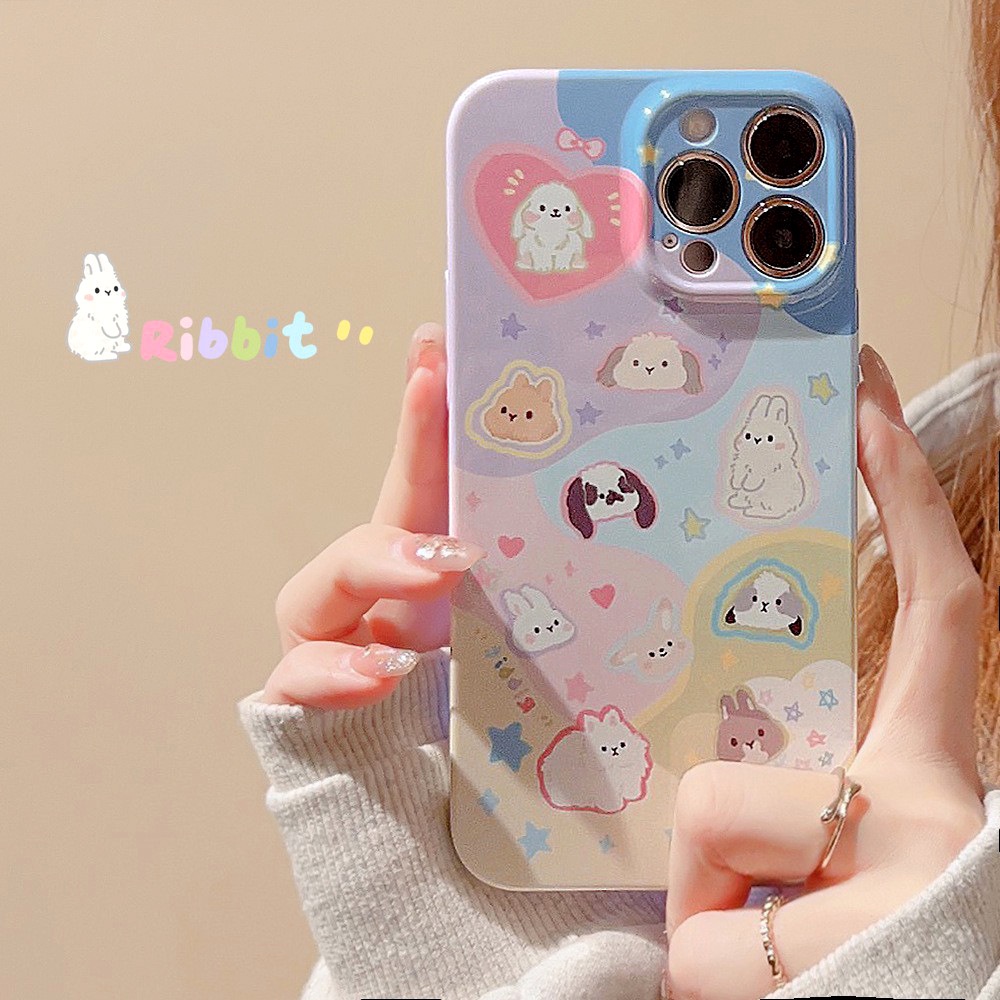 Ins Kelinci Lucu Kartun Hard Shell Film Fotografi Case Dengan Rabbit Holder Untuk Iphone SE 2020 7 /8 Plus 14x XR XM 11 12 13 PRO MAX Casing Cover Pelindung AT0236