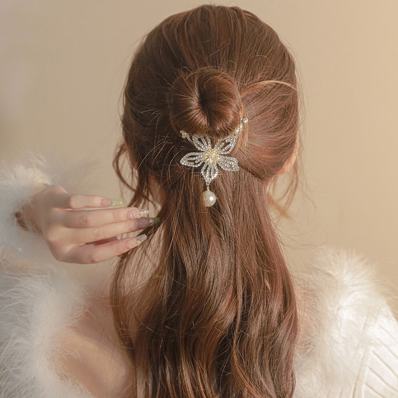 Fashion Bunga Rumbai Jepit Rambut Logam Rambut Klip Mutiara Berlian Imitasi Ponytail Klip Wanita Aksesoris Rambut