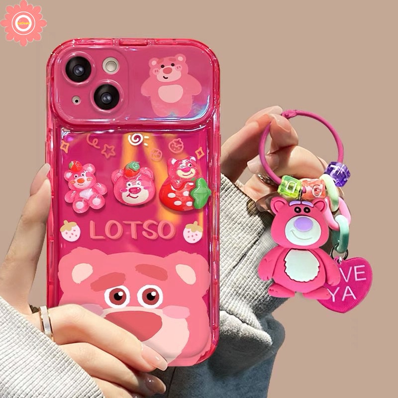 IPHONE Beruang Strawberry Lucu 3D Mainan Flip Make Up Mirror Case Kompatibel Untuk Iphone11 7Plus 14 12 13 Pro MAX 11 Pro Max7 8 14 Plus XR X XS MAX SE Kartun Manyo Shockproof Soft Cover