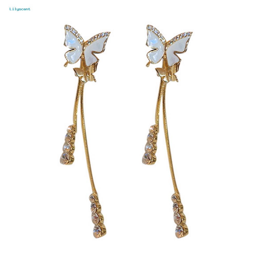 Lilyscent Desain Sederhana Anting Panjang Aksesoris Fashion Hias Berlian Imitasi Kupu-Kupu Stud Earrings Rumbai Panjang