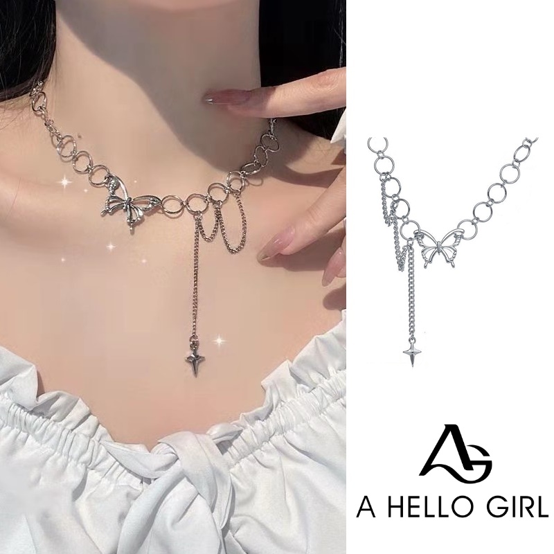 Butterfly Kalung Choker Rantai Klavikula Desain Kupu-Kupu Warna Silver Untuk Wanita