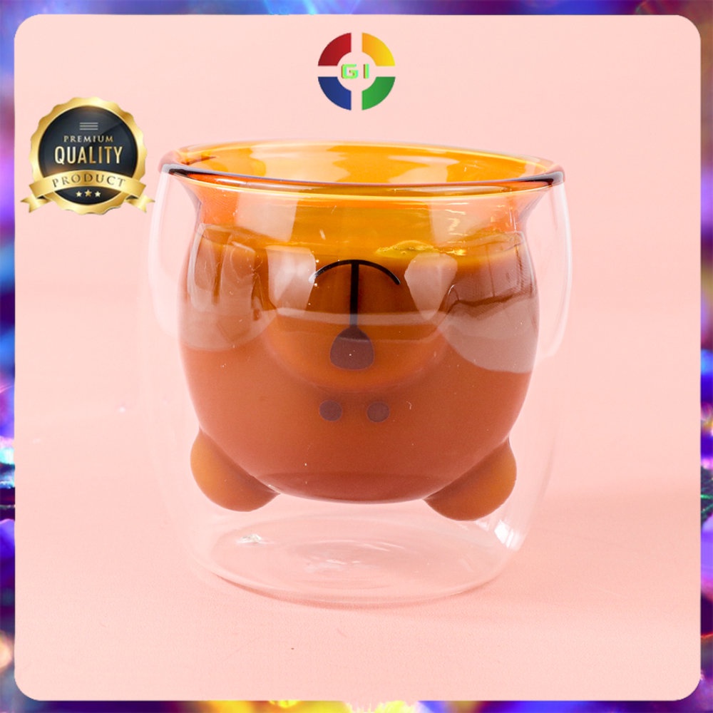 Gelas Beruang Anti Panas Double Wall Glass Insulated Cup 250ml Brown