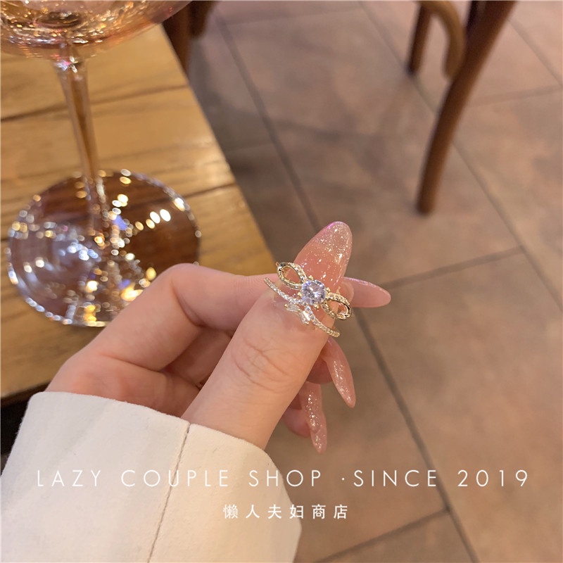 Cincin Peri!Cahaya Mewah High-End Micro-Hias Zirkon Super Kedip Busur Membuka Cincin Berkelas2023Gaya Baru Trendi