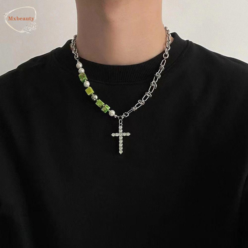 Mxbeauty Pria Hip-hop Kalung Keren Unik Halus Klavikula Rantai Liontin Salib Pasangan Manik-Manik Sederhana Sweater Rantai