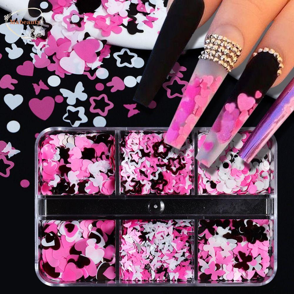 Mxbeauty Paku Glitters Hati Gadis Keren Hitam Dan Pink Kupu-Kupu Kelinci Manicure Hiasan