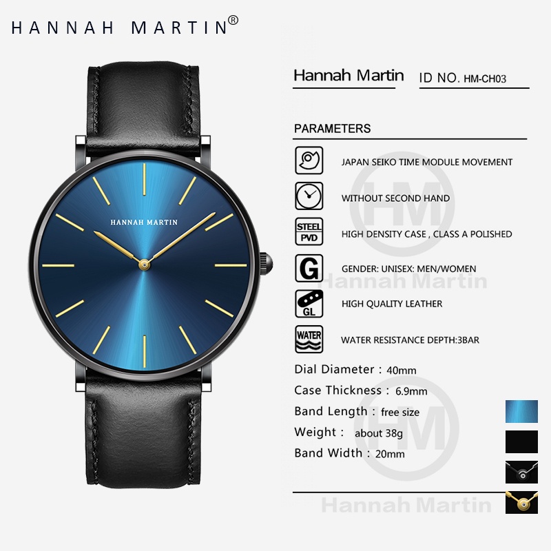 Terbaru Hannah Martin Jam Tangan Pria 100% Original Keren Sangat Tipis Quartz Cowok Couple Kulit