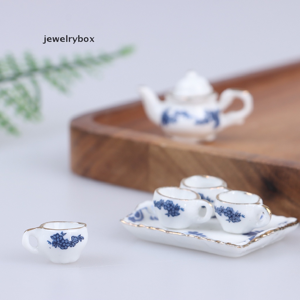 [jewelrybox] 6 Pcs Rumah Boneka Miniatur Peralatan Makan Porcelain Tea Set Piring Cangkir -Motif Bunga Butik