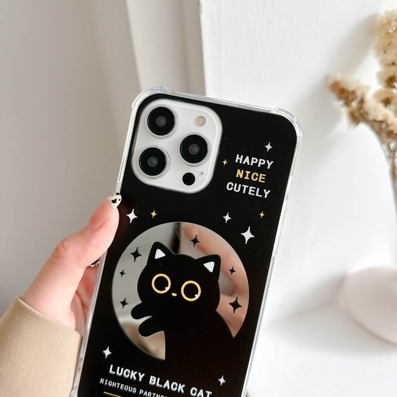 [Anti Jatuh Cermin] Pretty Makeup Silicone Soft Case IPhone 6S 7 8 Plus X XR XS Max IPhone 11 12 13 14 Pro Max 14 Plus 7+8+12 13 mini Wanita Cewek Lucu Hitam Kucing Beruntung