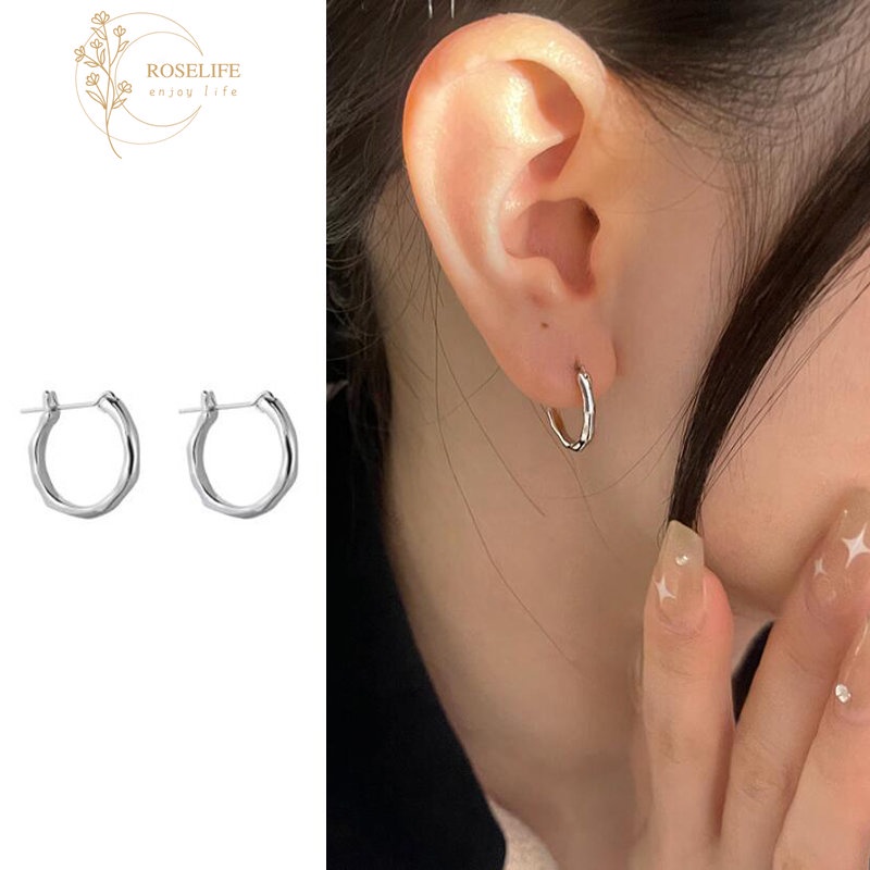 Roselife Stylish S925 Perak Polos Logam Hoop Earrings Untuk Wanita Gadis Lingkaran Tidak Teratur Bulat Anting-Anting Sederhana Fashion Telinga Perhiasan Aksesoris