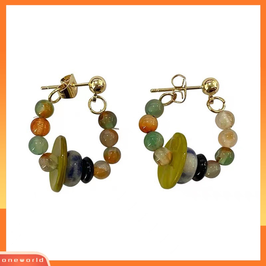 [EONE] 1pasang Ear Studs Vintage Gaya Etnik Manik-Manik Berwarna Electroplating Glossy Dress Up Hypoallergenic Alloy Hoop Stud Menjuntai Anting Fashion Perhiasan