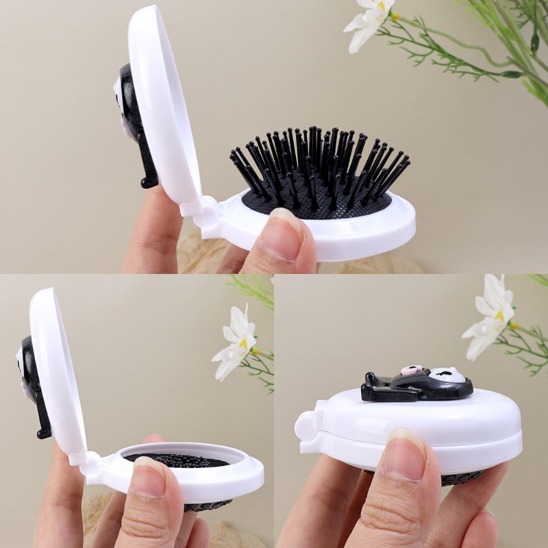 Sisir Bantal Udara Melingkar Kartun Dengan Cermin/Sikat Rambut Lipat Mini Portable/Sisir Airbag Pijat Lucu/Perlengkapan Travel Alat Styling Rambut