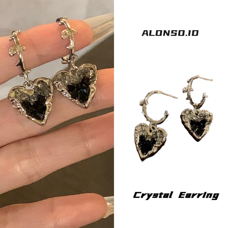 Aksesoris Anting Kristal Cinta Hitam Temperamen Kepribadian Retro