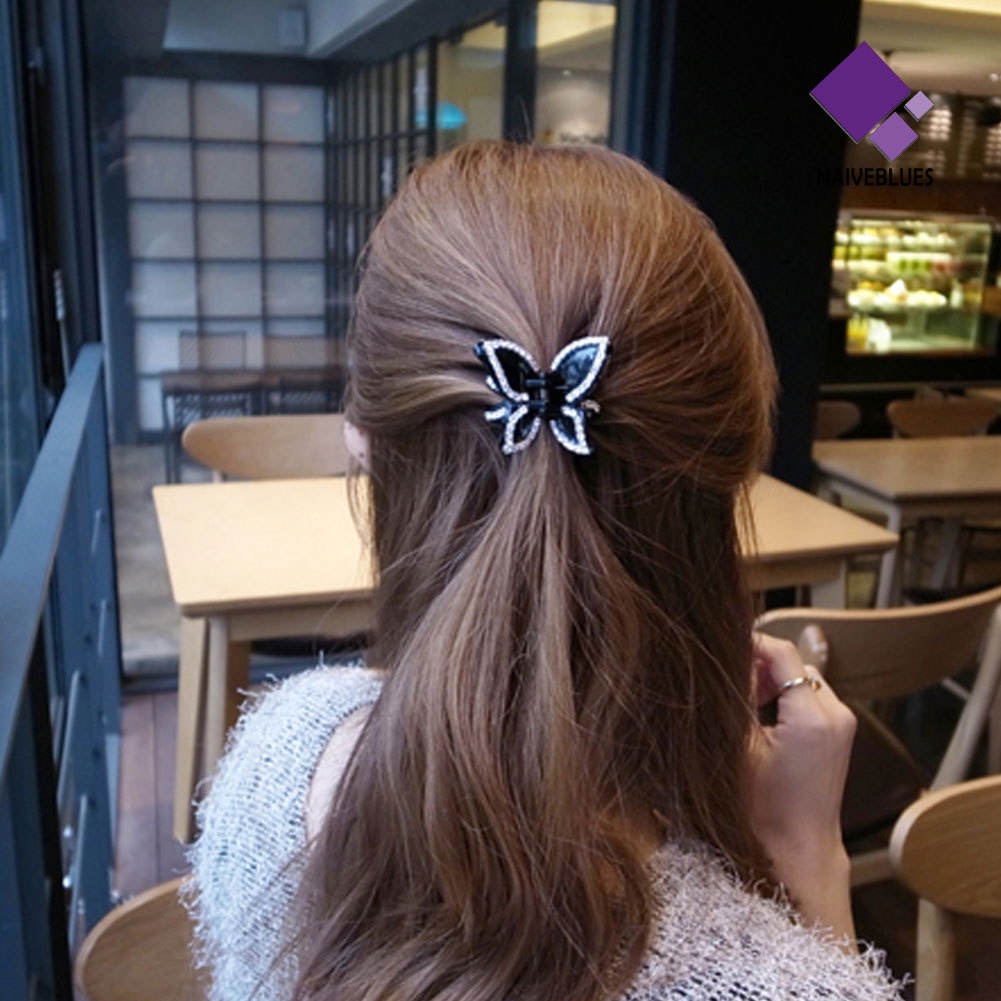 &lt; Naiveblues &gt; Wanita Fashion Berlian Imitasi Kupu-Kupu Hairclip Ponytail Holder Aksesoris