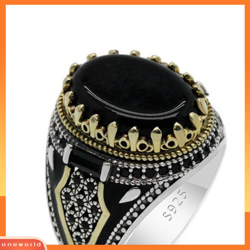 [EONE] Pria Cincin Vintage Punk Logam Ukiran Pola Kuno Two Tone Hias Hadiah Batu Akik Imitasi Bertatahkan Laki-Laki Pesta Cincin Perhiasan Pernikahan