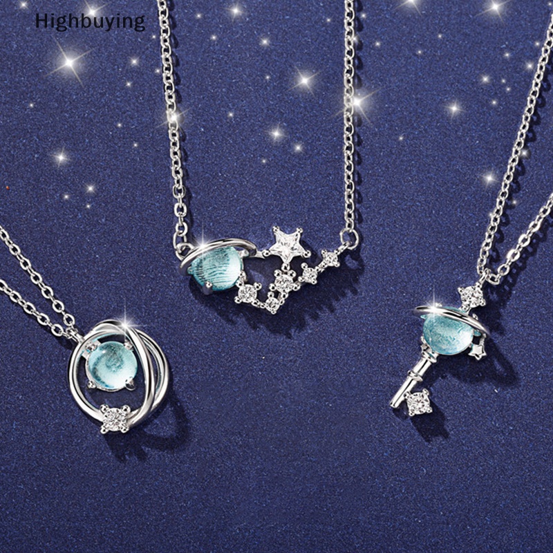 Hbid Fashion Zirkon Biru Fantasi Starry Planet Kalung Semesta Bintang Kunci Liontin Choker Klavikula Rantai Kalung Perhiasan Aksesoris Glory