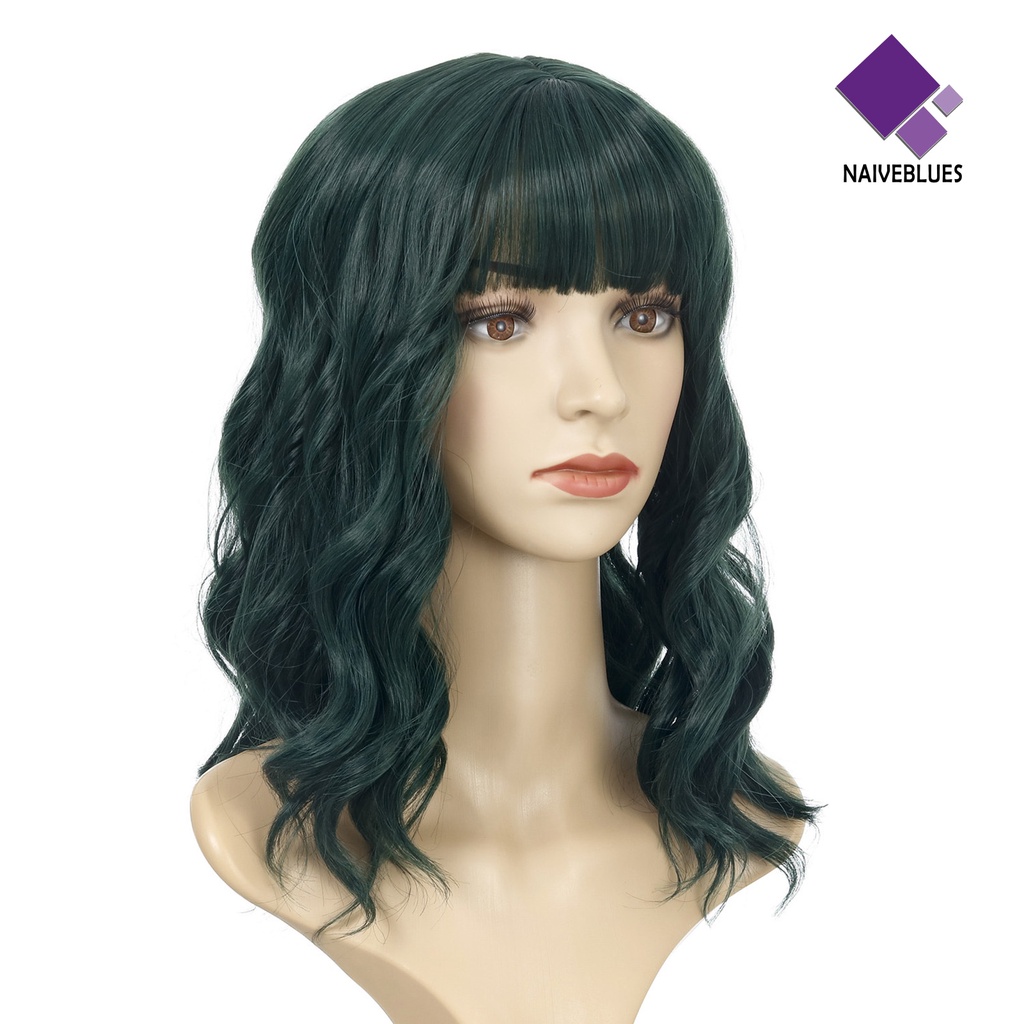 &lt; Naiveblues &gt; Wanita Bergelombang Mid Long Curly Wig Poni Udara Bermain Kostum Pesta