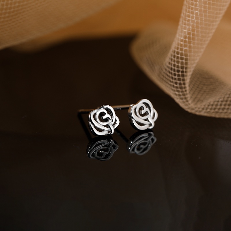 Papaozhu Korea Trendi S925 Perak Rose Stud Anting Untuk Wanita Perempuan Elegan Berongga Bunga Anti Alergi Anting-Anting Temperamen Telinga Aksesoris