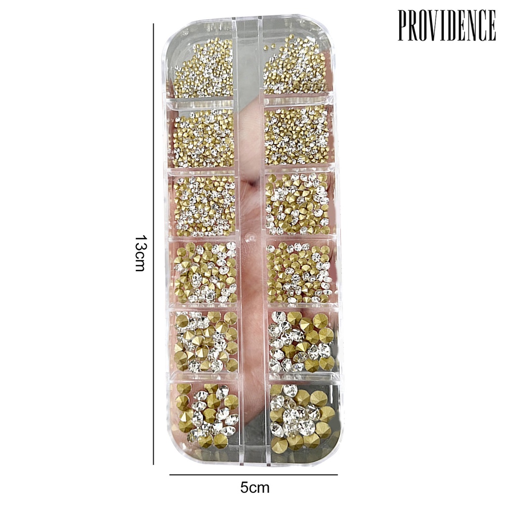 Providence 1kotak Kuku Berlian Imitasi Ukuran Campur Bening Bersinar Mudah Tempel Removable Dekorasi Kuku 12kisi 3D Berbentuk Tidak Teratur Manicure Charm Nail Supplies