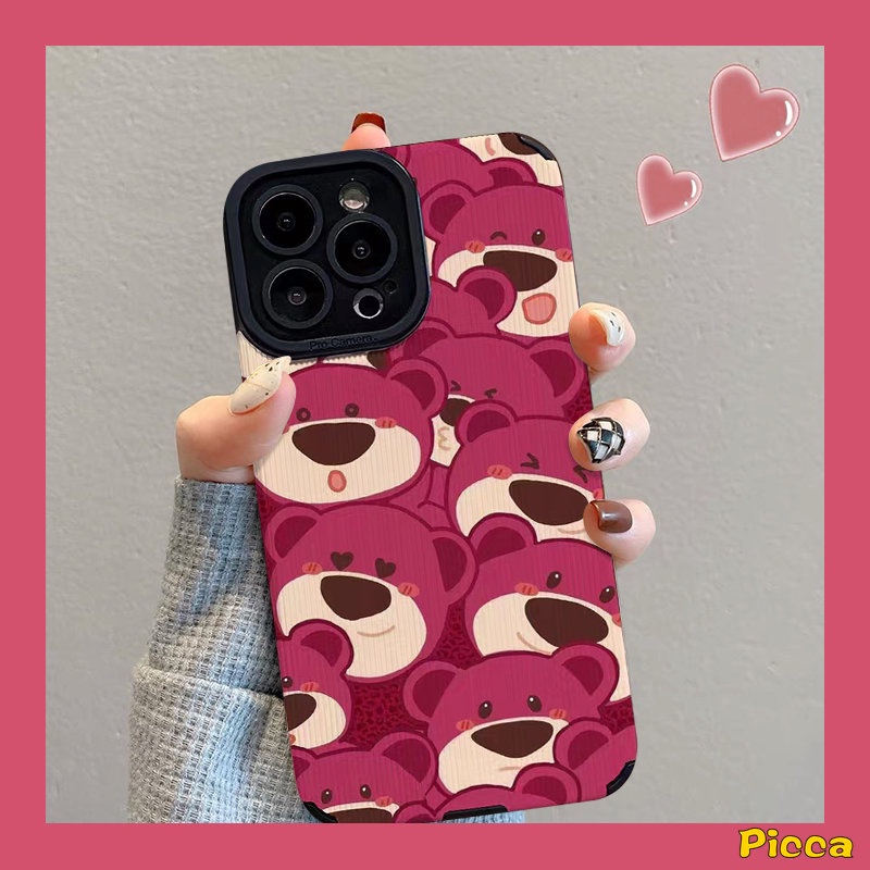 IPHONE Casing Ponsel Tekstur Kulit Mewah Kompatibel Untuk Iphone11Xr 7Plus 12 13 14 Pro Max7 8 Plus X XS MAX 7Plus Kartun Yang Indah Strawberry Bear Cute Manyo Shockproof Soft Silicon Cover
