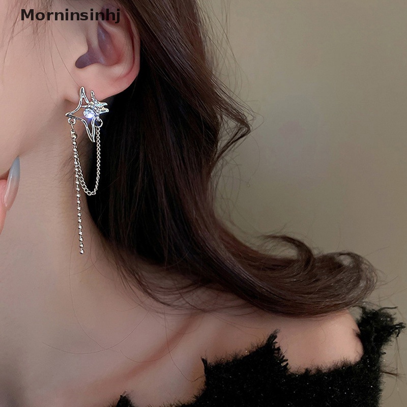 Mornin 1pasang Anting Rumbai Rantai Bintang Kristal Tidak Teratur Untuk Wanita Berlian Imitasi Cross Star Tassel Earring Geometric Earrings id