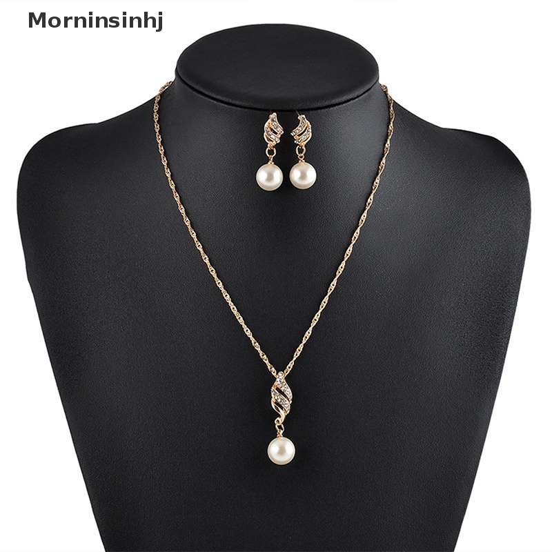 Mornin 3 Pcs/Set Mutiara Imitasi Liontin Kalung Anting Set Wanita Berlian Imitasi Pernikahan Perjamuan Pesta Perhiasan Set Aksesoris Hadiah id