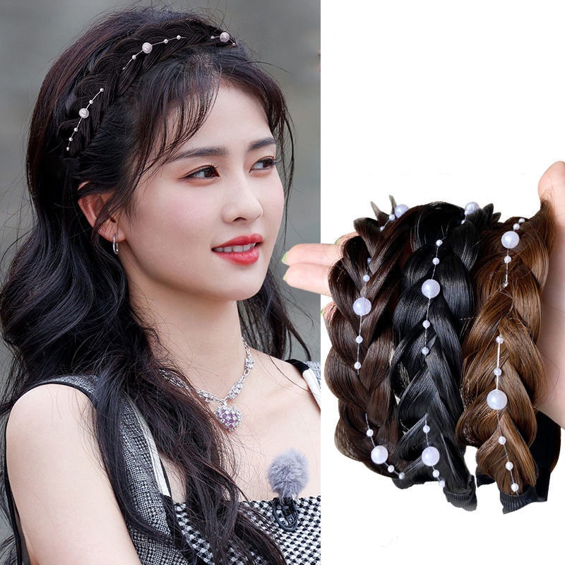 Jepang Korea Gaya Baru Tulang Ikan Kepang Wig One-Piece Twist Braid Mutiara Rumbai Berkelas Ikat Kepala