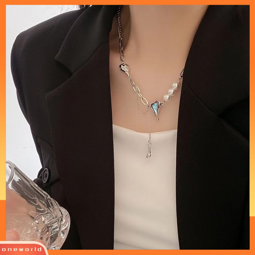 [EONE] Charm Kalung Rumbai Rantai Gaya Senada Electroplating Faux Pearl Personality Neck Decoration Charming Accessories Love Heart Faux Crystal Pendant Necklace Untuk Kehidupan Sehari-Hari