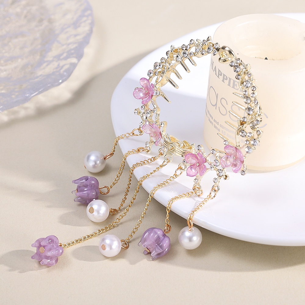 Amethyst Flower Tassel Balls Head Plate Hair Buckle Hair Clip/Bagian Belakang Kepala Bola Head Coil Hair Ponytail Buckle/Hiasan Kepala Pengantin Super Peri Elegan Aksesoris Rambut