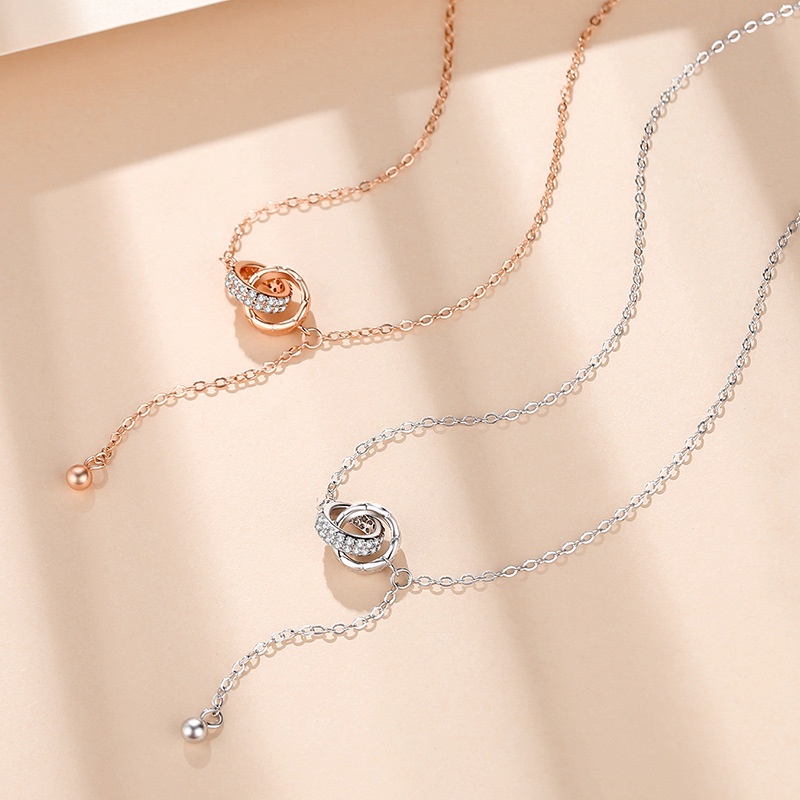 Sterling Silver Double Ring Kalung Perempuan ins Gaya Sterling Silver Musim Panas Gaya Baru Cahaya Mewah Niche Interlocking Rose Gold Rumbai Klavikula Rantai